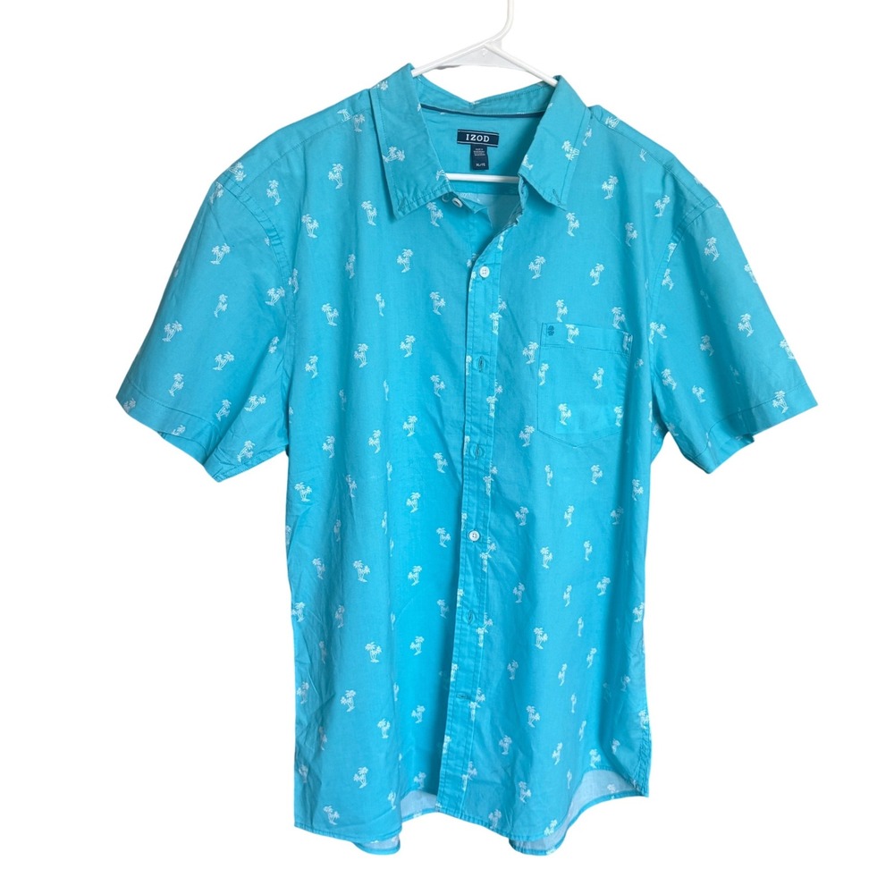 IZOD Button Down Shirt Palm Tree Print XL Blue Excellent Short Sleeve Cotton